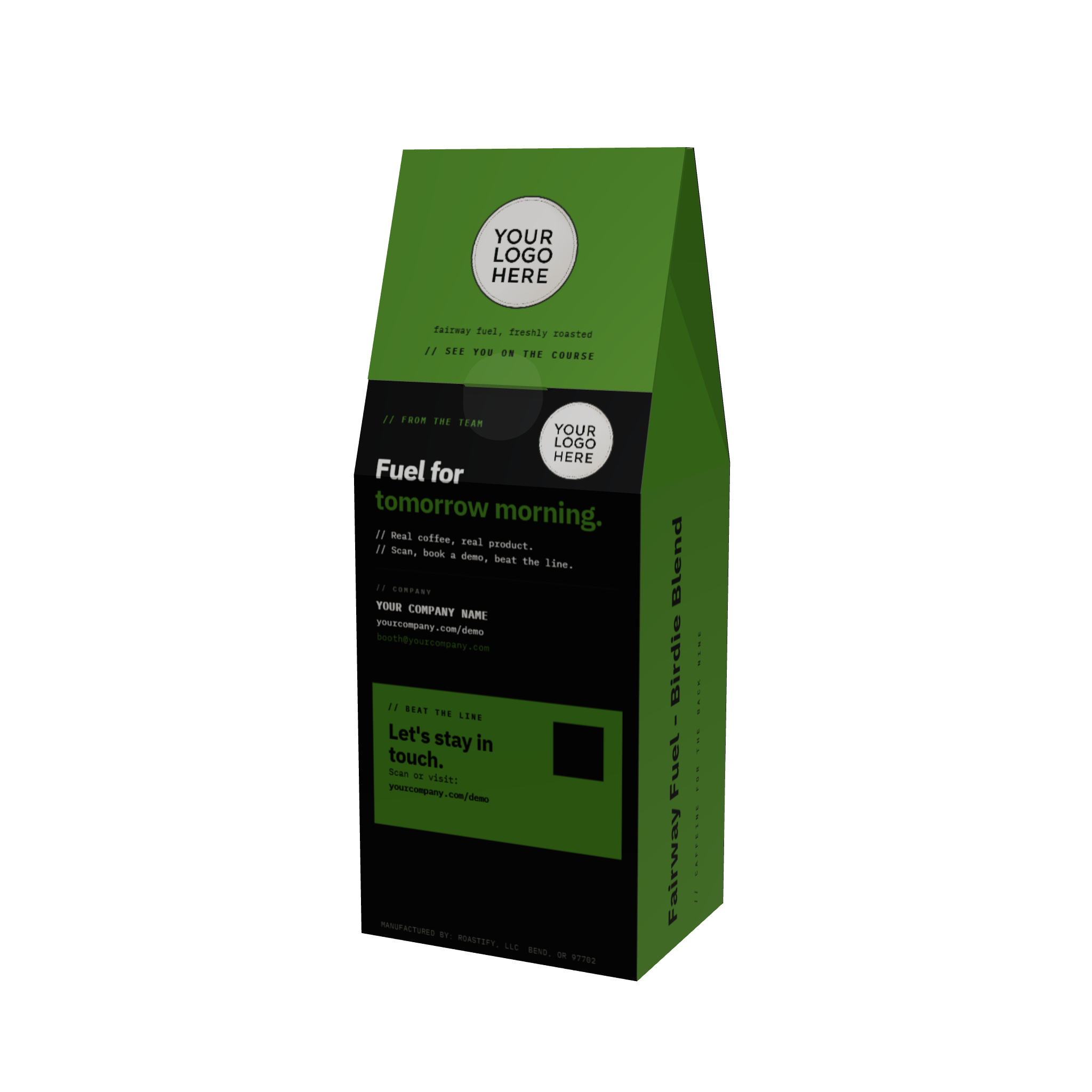 A 12 oz bag of coffee with a green and black design, featuring placeholder text and logo areas, shown on a solid white background.