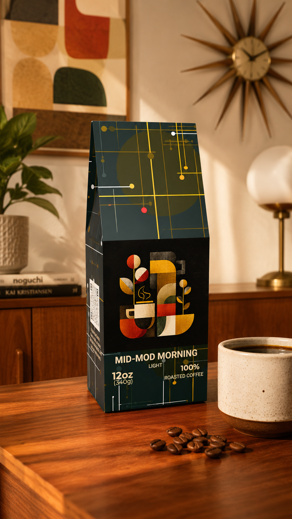 A bag of Mid-Mod Morning Light 100% roasted coffee sits on a wooden table in a warm, modern room setting, next to a ceramic cup of coffee and scattered coffee beans.