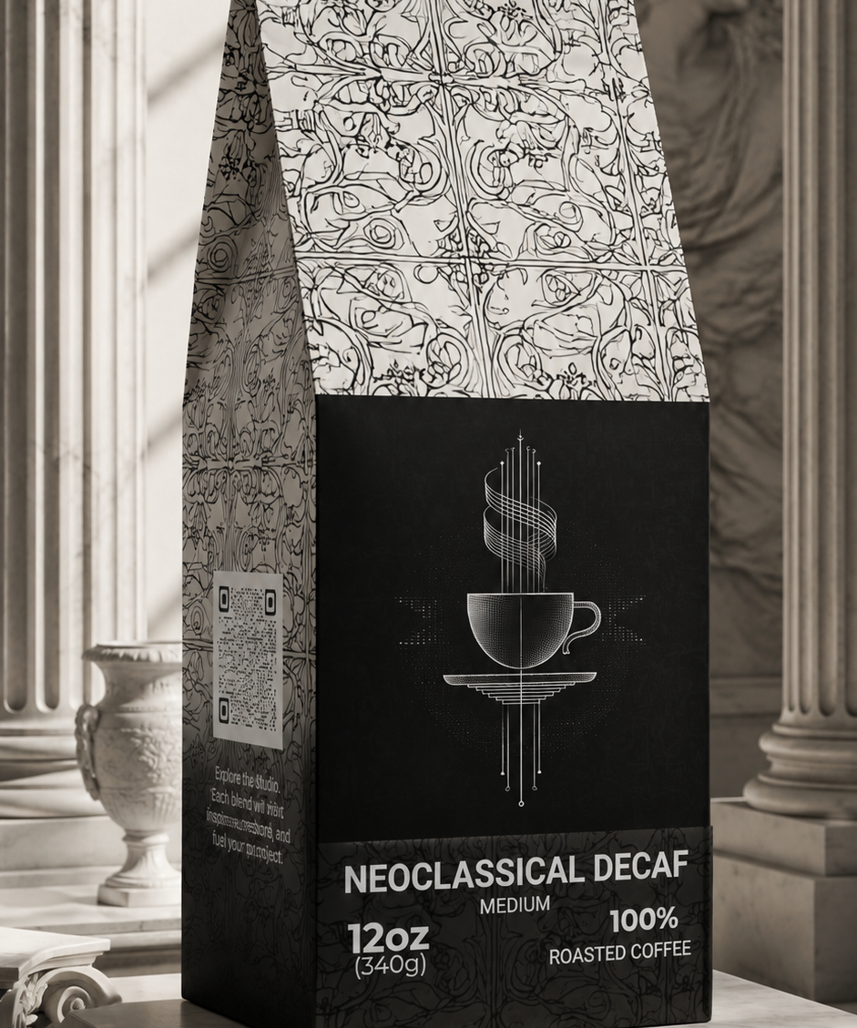 A stand-up coffee bag labeled 'NEOClassICAL DECAF' and 'MEDIUM 100% ROASTED COFFEE' stands on a stone pedestal in an ornate interior with classical columns and soft window light.