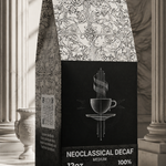 A stand-up coffee bag labeled 'NEOClassICAL DECAF' and 'MEDIUM 100% ROASTED COFFEE' stands on a stone pedestal in an ornate interior with classical columns and soft window light.