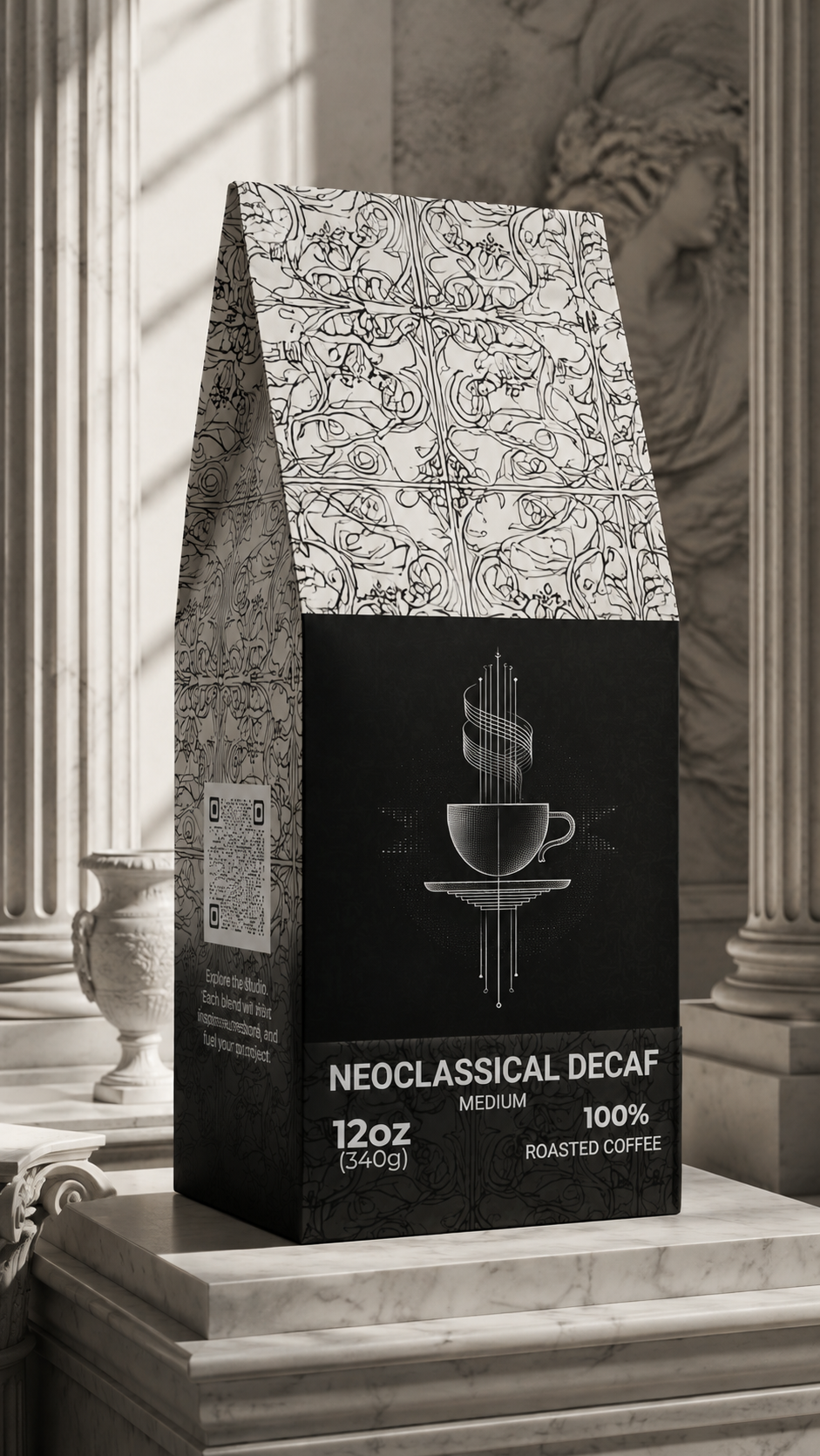 A stand-up coffee bag labeled 'NEOClassICAL DECAF' and 'MEDIUM 100% ROASTED COFFEE' stands on a stone pedestal in an ornate interior with classical columns and soft window light.