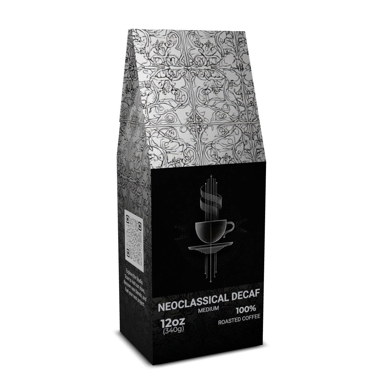 Neoclassical Decaf coffee bag with decorative pattern on a white background