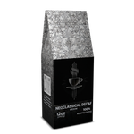 Neoclassical Decaf coffee bag with decorative pattern on a white background