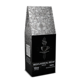 Neoclassical Decaf coffee bag with decorative pattern on a white background