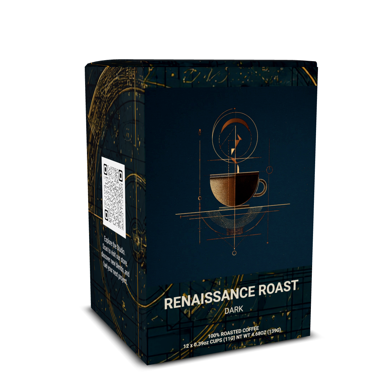 Coffee packaging with 'Renaissance Roast' branding on a white background