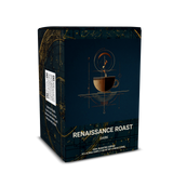 Coffee packaging with 'Renaissance Roast' branding on a white background