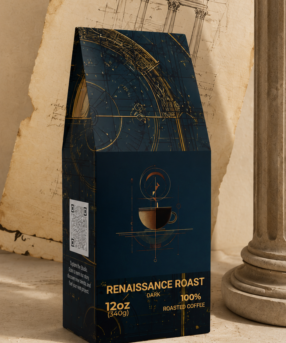 A dark navy coffee bag labeled 'RENAISSANCE ROAST' stands on a tabletop with vintage props, including an aged paper sketchbook, a column base, and a brass compass. The package design features gold celestial line art and text indicating 100% roasted coffee and 12oz size.