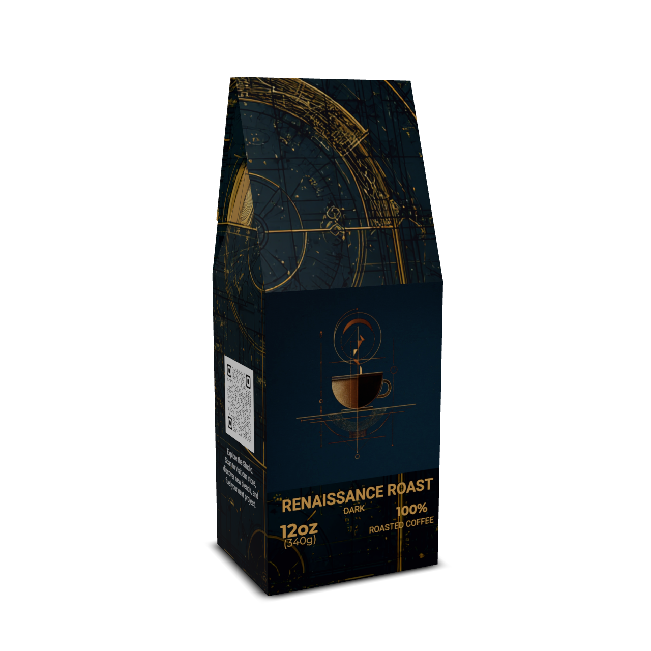Coffee bag labeled 'Renaissance Roast' with decorative design on a white background