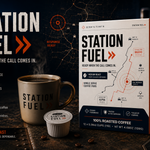 Station Fuel coffee pods packaging and product shown in a dark promotional scene with a coffee mug, a single coffee pod, and a walkie-talkie. The box and mug are white and dark navy with orange accents and the words STATION FUEL.