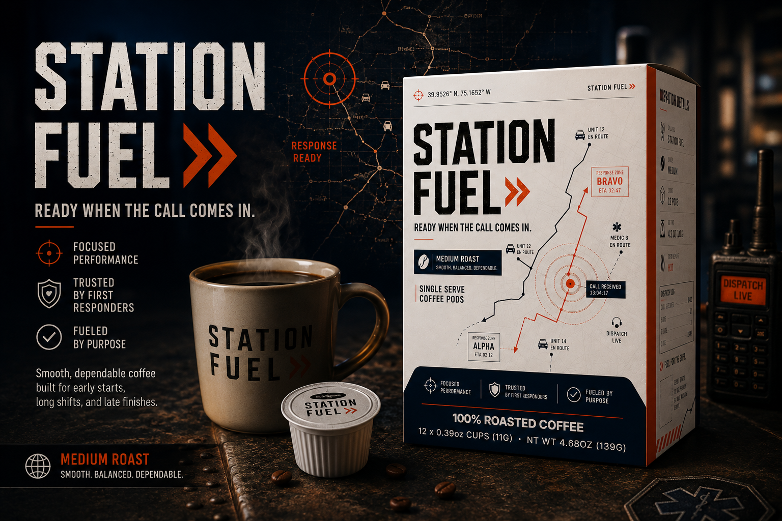 Station Fuel coffee pods packaging and product shown in a dark promotional scene with a coffee mug, a single coffee pod, and a walkie-talkie. The box and mug are white and dark navy with orange accents and the words STATION FUEL.